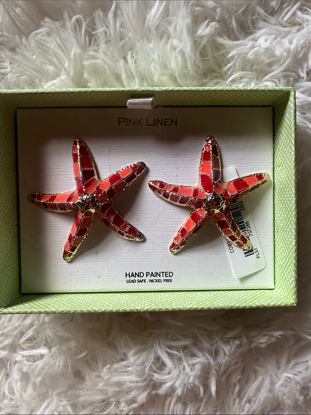 Pink Linen Hand-Painted Red Starfish Earrings